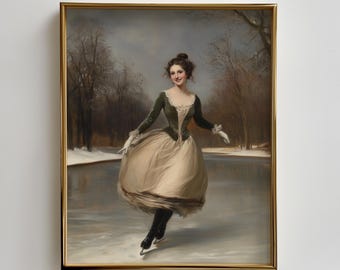 Vintage Ice Skating Poster, Classic Winter Art , Romantic Cottagecore, Valentines Gift for Her, Victorian Portrait, Winter Art Download