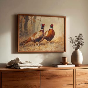 Charming ring-necked pheasants digital download for entryway — capturing detailed feathers and warm autumn tones in a natural setting.