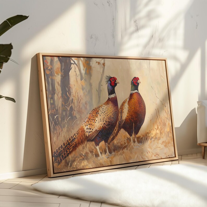 Elegant pheasant art for children's playroom — vibrant plumage and natural scenery creating an enchanting wildlife environment.