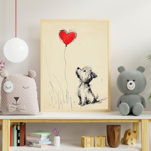 Yorkshire Terrier Heart Balloon Sketch Art, Nursery Puppy Print, Yorkie Owner Gift, 1st Anniversary, Valentine Dog Art Digital Download image 3