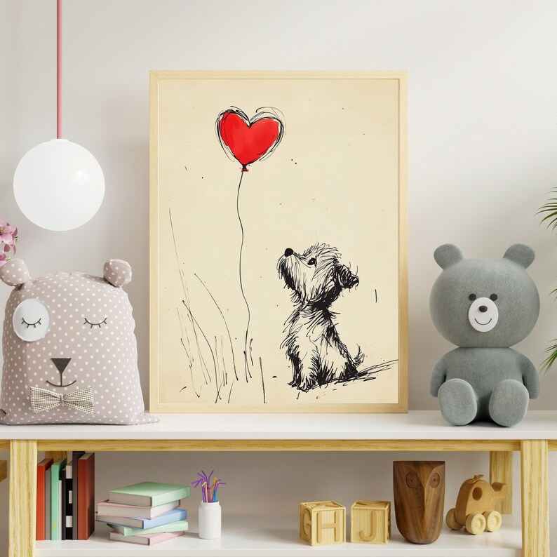 Yorkshire Terrier Heart Balloon Sketch Art, Nursery Puppy Print, Yorkie Owner Gift, 1st Anniversary, Valentine Dog Art Digital Download image 3