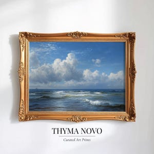 Estampado veraniego vintage costero, paisaje marino nublado y tenue para imprimir, decoración para casa de playa, habitación infantil costera, decoración para casa de vacaciones, decoración de escritorio