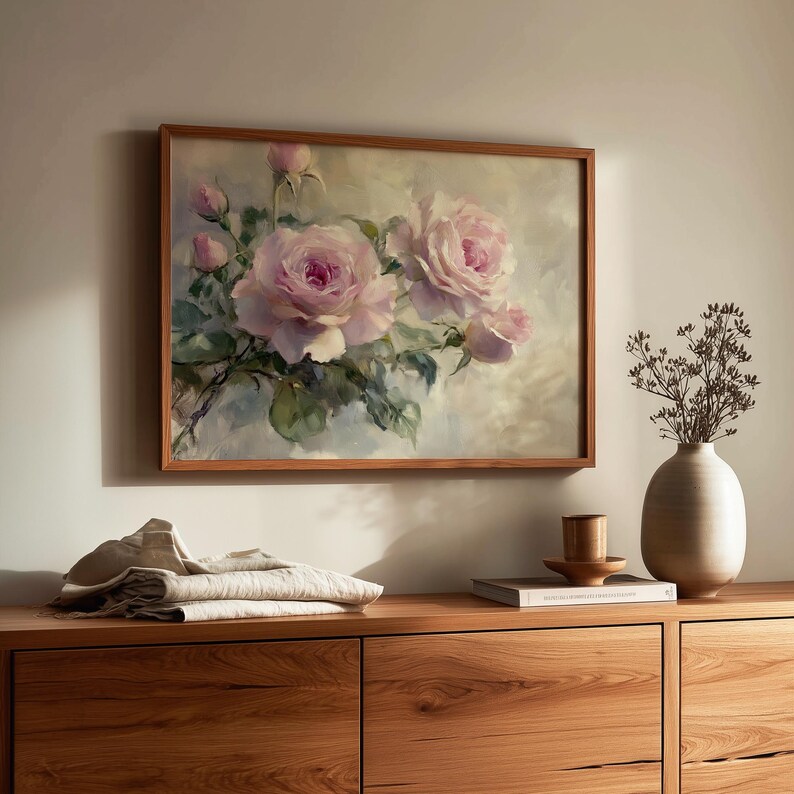Romantic Dusky Pink Roses Painting - Vintage Cottagecore Floral Art ...