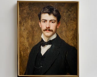 May include: A framed portrait of a man in a black suit with a bow tie and a dark mustache. The painting has a gold frame and a brown background. The text "THYMA NOVO Curated Art Prints" is at the bottom.