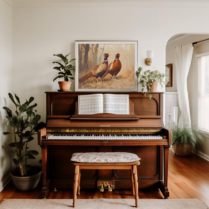 Wildlife-inspired pheasants picture for living room — rich plumage against a vintage backdrop, ideal for nature lovers and rustic decor.