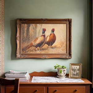 Nature-themed wall art featuring pheasants for study — showcasing a classic rustic style with realistic brushwork and serene ambiance.