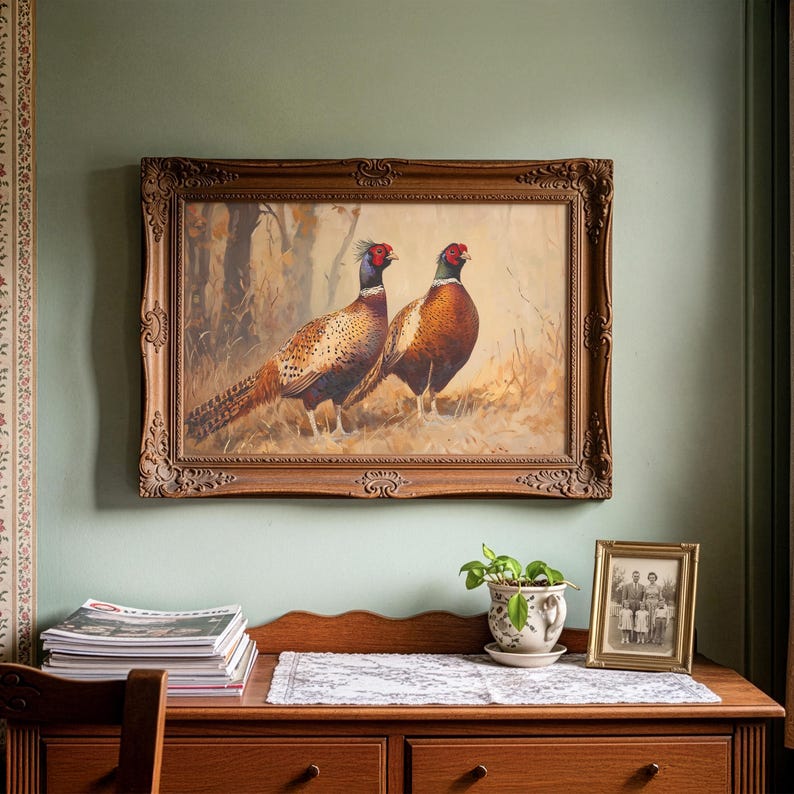 Nature-themed wall art featuring pheasants for study — showcasing a classic rustic style with realistic brushwork and serene ambiance.