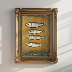 May include: A framed painting of four fish in a row. The fish are depicted in white and grey with black details, set against a yellow and green background. The artwork is enclosed in an ornate gold frame.