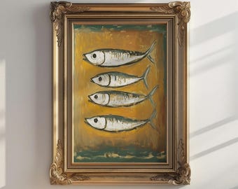 Sardines Kitchen art - Still life fish art, Sardine painting art, Coastal Kitchen Art, Bistro wall decor, Vintage Sardine Art Download