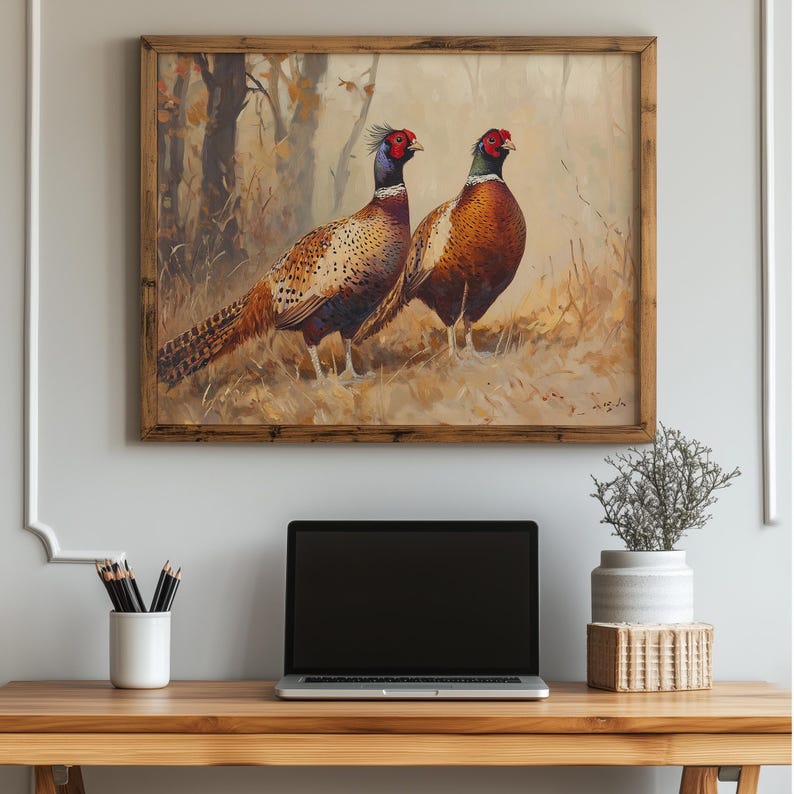 Lively pheasant painting printable art for garden room — realistic portrayal with soft grass and autumnal light creating a serene atmosphere.