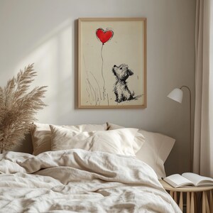 Yorkshire Terrier printable wall art for kids’ room — charming and playful sketch, embellished with a red balloon and soft colors.