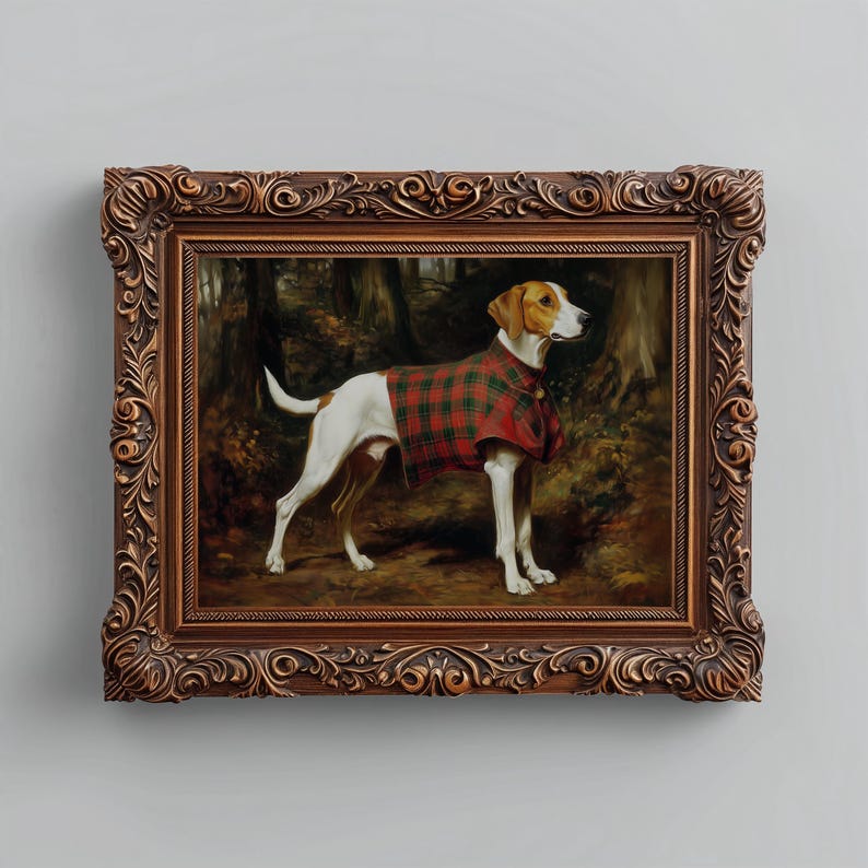Traditional hound painting for rustic dining area — vintage portrait reflecting history and nature with finely executed brushwork in earthy tones.