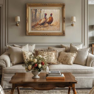Realistic wildlife painting art for kitchen — featuring stunning pheasants amidst soft foliage in warm, muted tones.