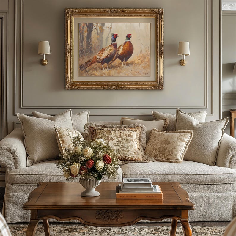 Realistic wildlife painting art for kitchen — featuring stunning pheasants amidst soft foliage in warm, muted tones.