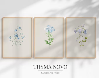 Blue Botanical Wall Art Set of 3, Watercolor Floral Prints Digital Download, Botanical Flower Artwork for Living Room or Bedroom Decor