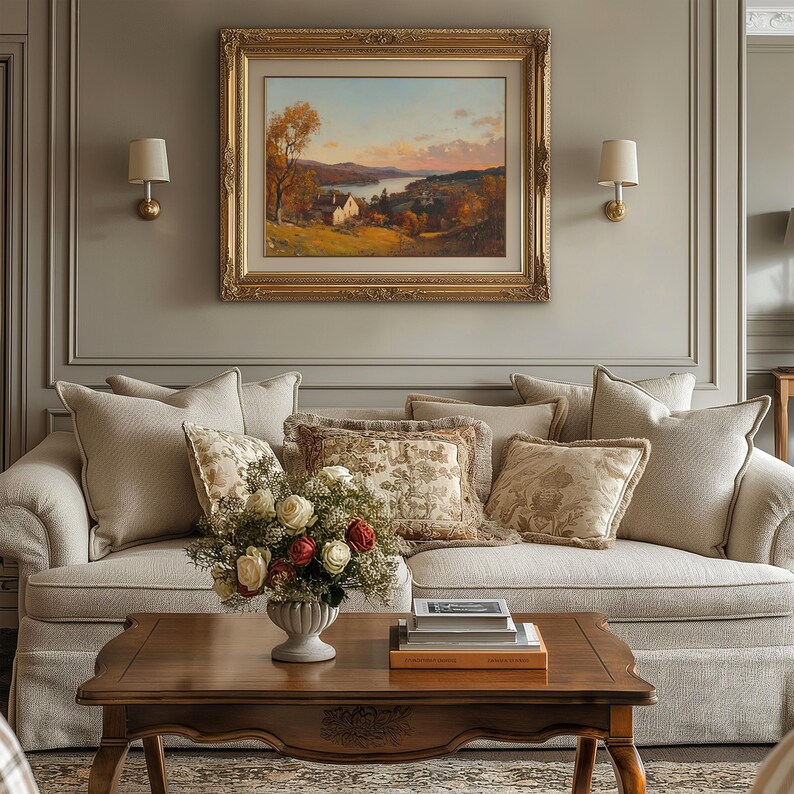 french-country-art-vintage-fall-decor-lake-house-painting-antique