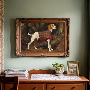 Dignified foxhound wall art for country cabin — mood-filled painting in 16th-century style, showcasing detailed tartan coat and woods.