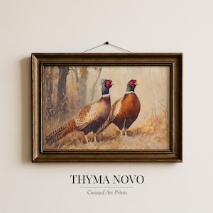 Rustic Autumn Pheasant Painting - Vintage Wildlife Art, Classic Cottagecore Decor, Ring-Necked Pheasants in Meadow, Pheasant Hunt Gifts