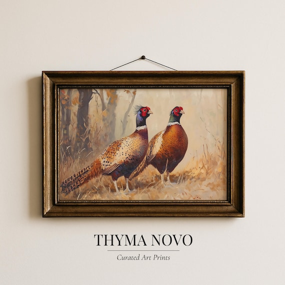Rustic Autumn Pheasant Painting - Vintage Wildlife Art, Classic Cottagecore Decor, Ring-Necked Pheasants in Meadow, Pheasant Hunt Gifts
