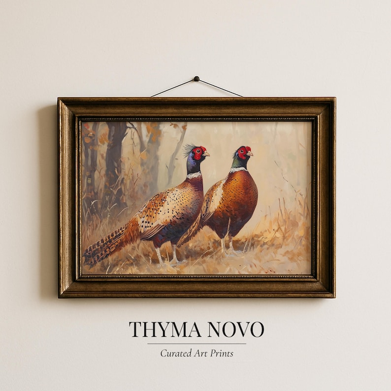 Two detailed ring-necked pheasants artwork for nursery — warm hues and wildlife elegance, ideal for a cozy and inviting space.