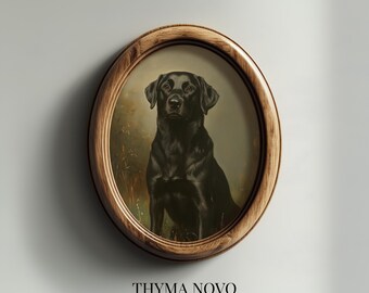 May include: An oval-shaped wooden frame containing a portrait of a black Labrador retriever. The dog is depicted in a seated position against a muted, earthy-toned background. Below the frame, the text reads THYMA NOVO Curated Art Prints.