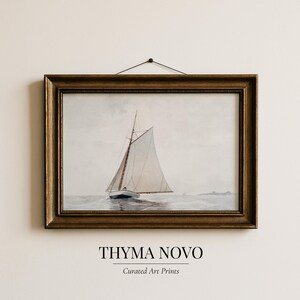 May include: A framed watercolor print of a sailboat on the water. The artwork features a light blue and white sailboat with a beige mast and sail. The frame is a dark gold color. The text "THYMA NOVO" and "Curated Art Prints" are at the bottom.