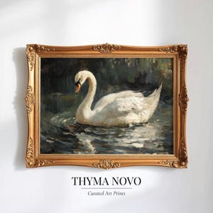 Vintage Swan on Tranquil Water - Classic Moody Painting, Elegant 19th Century Art with Muted Palette, Calm Waterscape Download Print