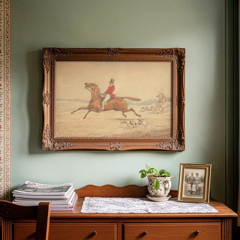 Equestrian illustration wall art for children's room — endearing scene of a horse and hounds, perfect for a whimsical touch.