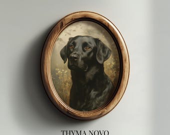 May include: An oval-shaped wooden frame containing a portrait of a black Labrador retriever. The dog is depicted against a soft, muted background with subtle floral elements. Below the frame, the text reads THYMA NOVO Curated Art Prints.