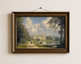 Vintage English Country Estate Printable, Classical English Countryside Art, Serene Pastoral Landscape, Stately Home Decor Digital Download