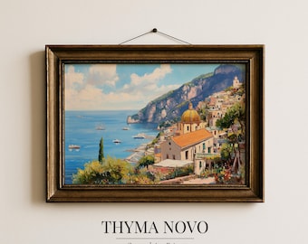 Sunlit Positano Coastal Landscape - Bright Mediterranean Village Painting, Romantic Seaside Print, Vintage Travel-Inspired Decor