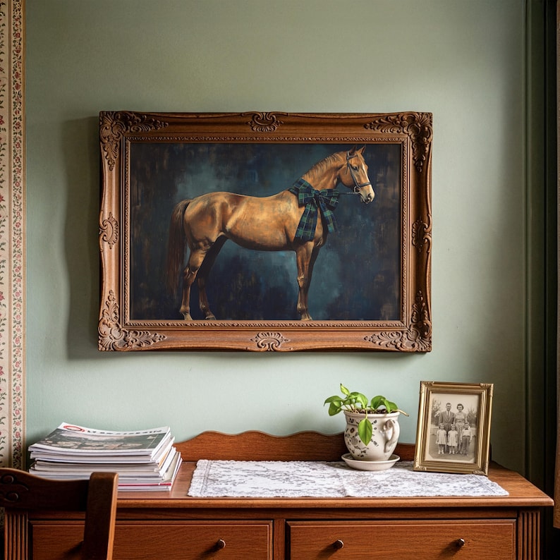 Equestrian art printable for children's room — charming vintage-style image of a horse adorned with a bold teal ribbon, perfect for equine lovers.
