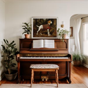 Alert English foxhound painting for home library — traditional portrait with a historic essence, rich in muted colors and timeless appeal.