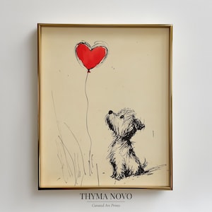 Cute Yorkshire Terrier digital print for living room — playful pen-and-ink backdrop featuring grass strokes and a heart balloon.