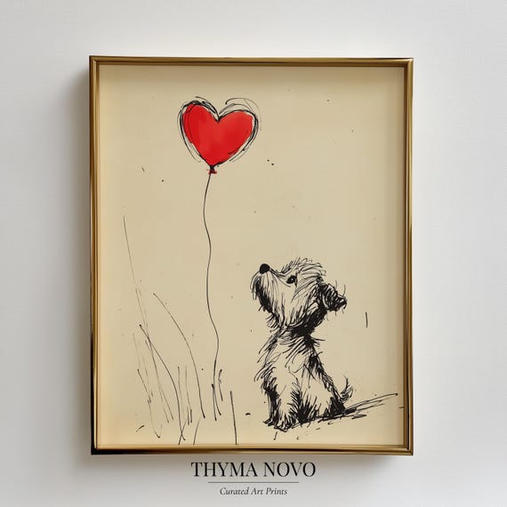 Yorkshire Terrier Heart Balloon Sketch Art, Nursery Puppy Print, Yorkie Owner Gift, 1st Anniversary, Valentine Dog Art Digital Download