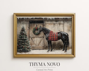 Vintage Christmas Horse Print: Tartan Plaid PRINTABLE, Rustic Snowy Winter Barn Art Print, Winter Equestrian Gift Art Decor (Download)