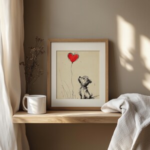 Yorkshire Terrier puppy wall art for gallery wall — minimalist design featuring expressive ink with a bold red heart.