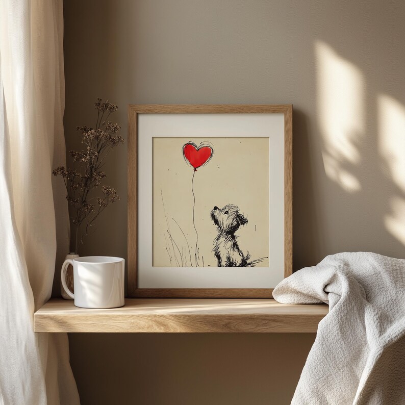 Yorkshire Terrier puppy wall art for gallery wall — minimalist design featuring expressive ink with a bold red heart.