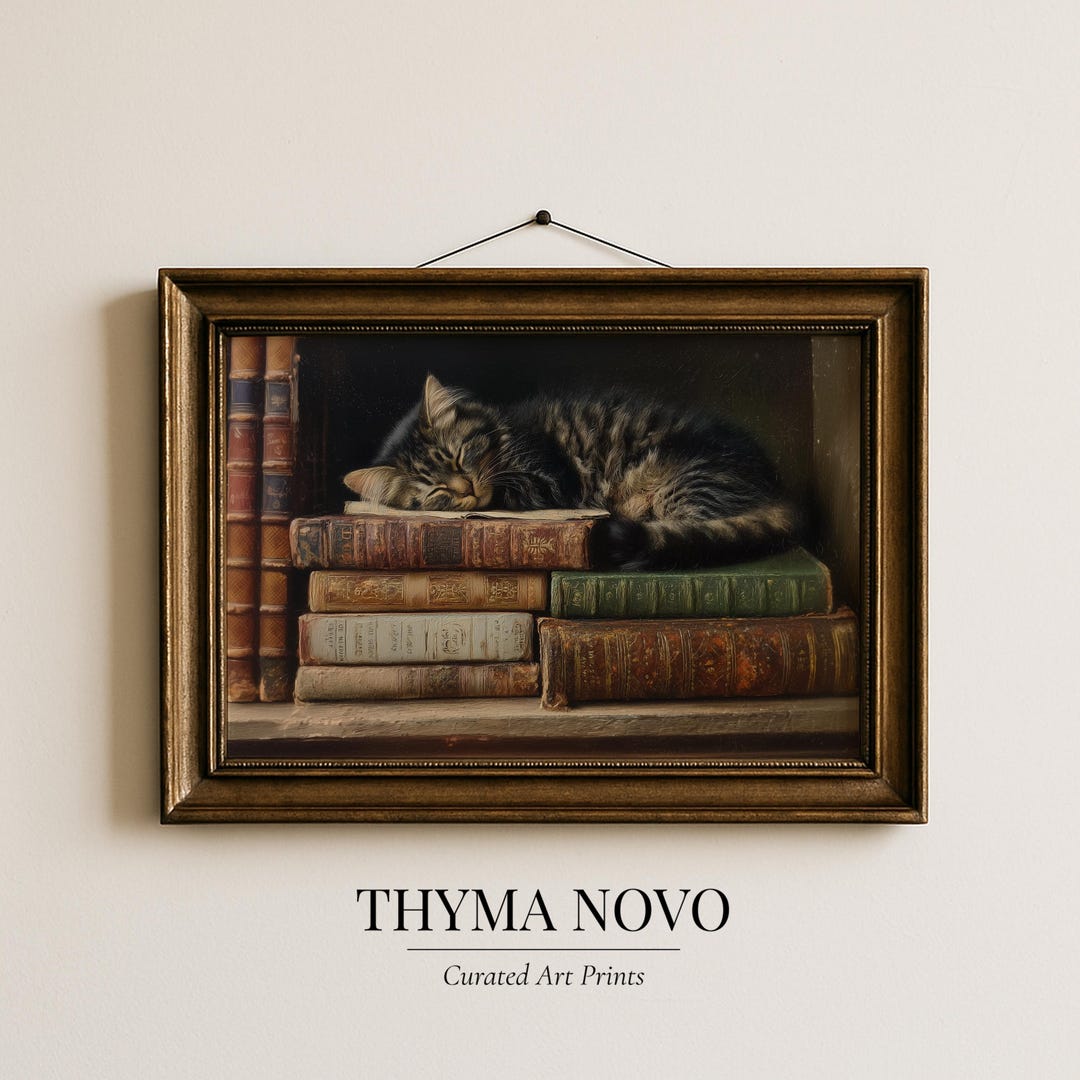 Vintage Persian Cat on Leather Books Art - Cozy Cottagecore Decor ...