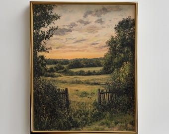 Serene English Meadow Sunset Painting - Cottagecore Landscape Art, Rustic Countryside Decor, Vintage Pastoral Scene, Printable Download
