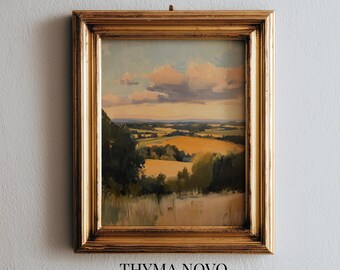 Printable Pastoral English Countryside Landscape - Cozy Cottagecore Farmhouse Art, Warm Sunset Patchwork Fields, Digital Download