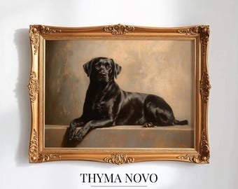 May include: A framed art print featuring a black Labrador Retriever lying down. The dog is depicted in a realistic style against a neutral background. The ornate gold frame adds a classic touch. The text "THYMA NOVO" and "Curated Art Prints" are at the bottom.