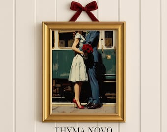 Vintage Train Kissing Lovers Print, Nostalgic Wall Art, Love artwork, Engagement gift, Sentimental Gift for Couple, Romantic Printable
