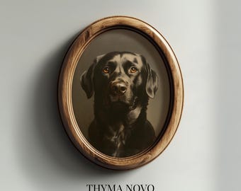 May include: An oval-shaped wooden frame containing a portrait of a black Labrador retriever with amber eyes. Below the frame, the text reads THYMA NOVO Curated Art Prints. The dog is centered in the frame, looking forward against a dark background.