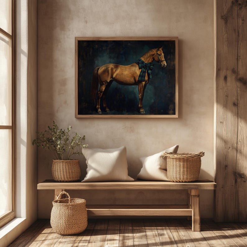 Elegant brown horse artwork for entrance — classic portrait style with deep colors and sophisticated presence in any setting.