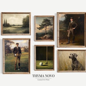 May include: A set of six framed vintage art prints. The prints depict landscapes, portraits of golfers, and a dog. The colour palette includes greens, browns, and muted tones, creating a classic and elegant aesthetic. The text "THYMA NOVO" is visible.