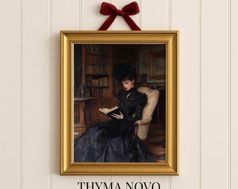 Victoriaanse bibliotheekscène met boekenliefhebberprint | Bookish poster voor Reading Nook | Muurkunst leeshoek | Download afdrukbaar bibliotheekdecor