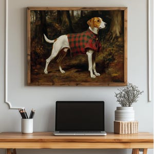 Tartan-clad foxhound digital download for entryway — vintage-inspired painting exuding a rustic charm with warm and earthy hues.
