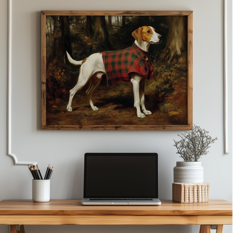 Tartan-clad foxhound digital download for entryway — vintage-inspired painting exuding a rustic charm with warm and earthy hues.