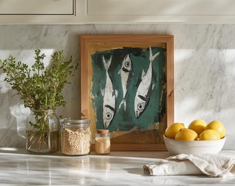 Quadro con sardine, Natura morta con pesci, Decorazione murale a tema spiaggia, Stampa con sardine per la cucina, Poster murale con sardine, Decorazioni a tema frutti di mare, Arte digitale con sardine per la cucina